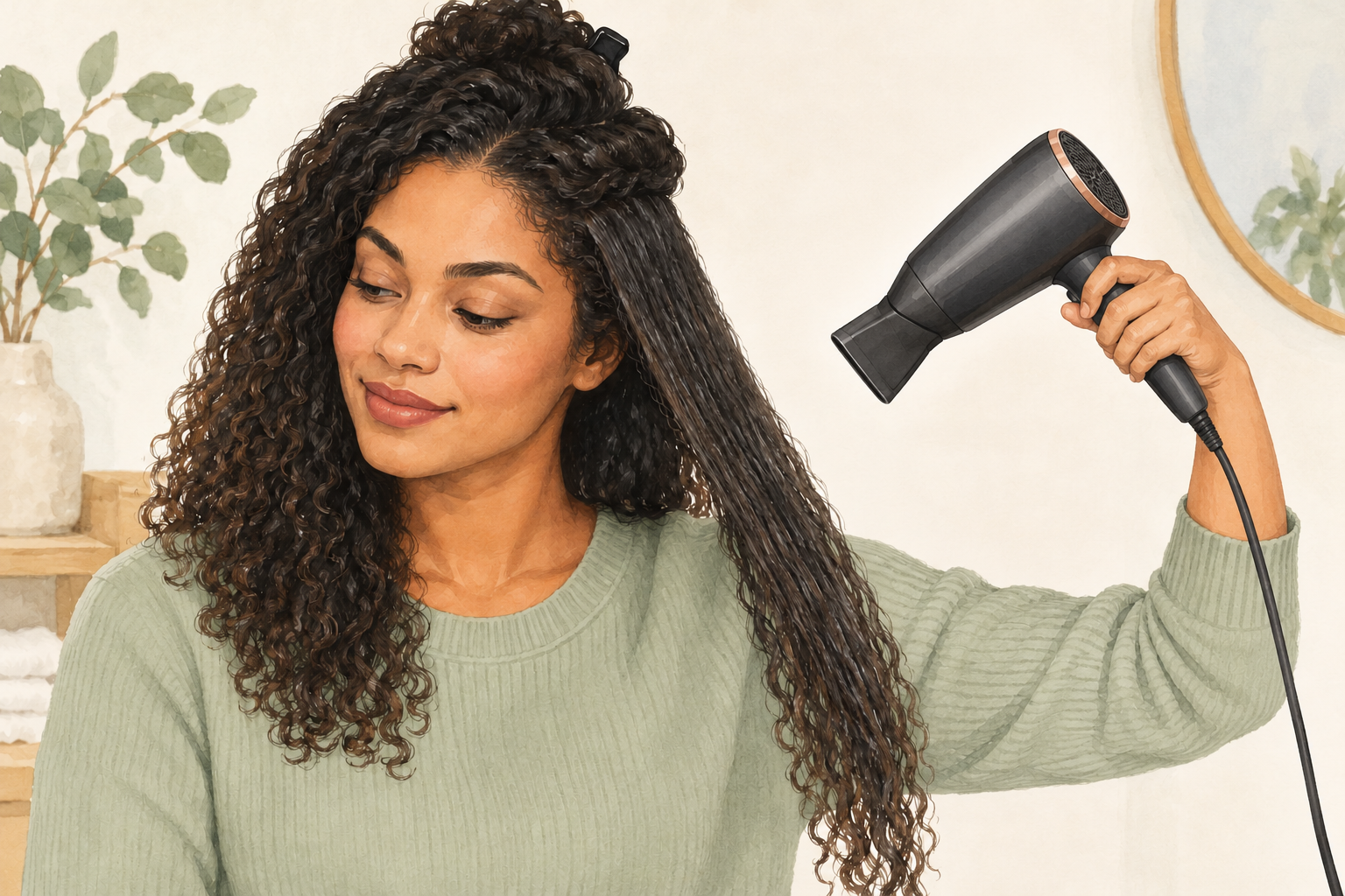 A woman holds a hair dryer aimed downward toward loose hair with a clear gap.
