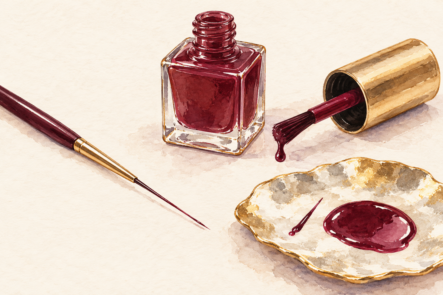 A long fine liner brush lies beside a broader bottle brush and an unlabelled polish bottle.