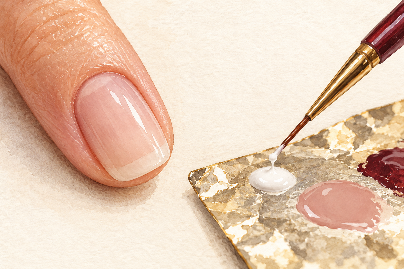 A fine striper brush tip picks up a small amount of white polish from foil beside an attached natural nail.