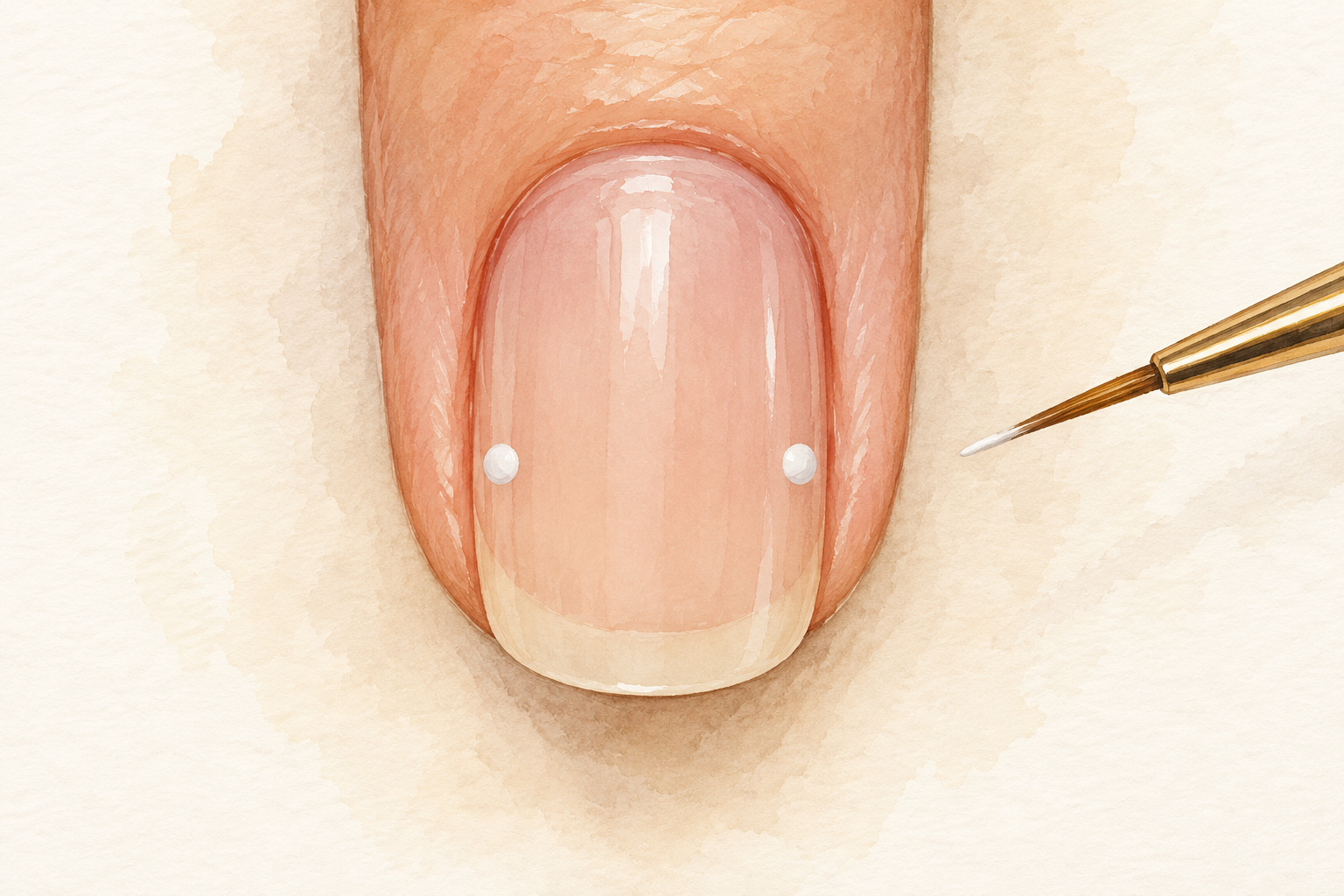 Two tiny white guide dots sit at matching depth near the side edges of a natural nail.
