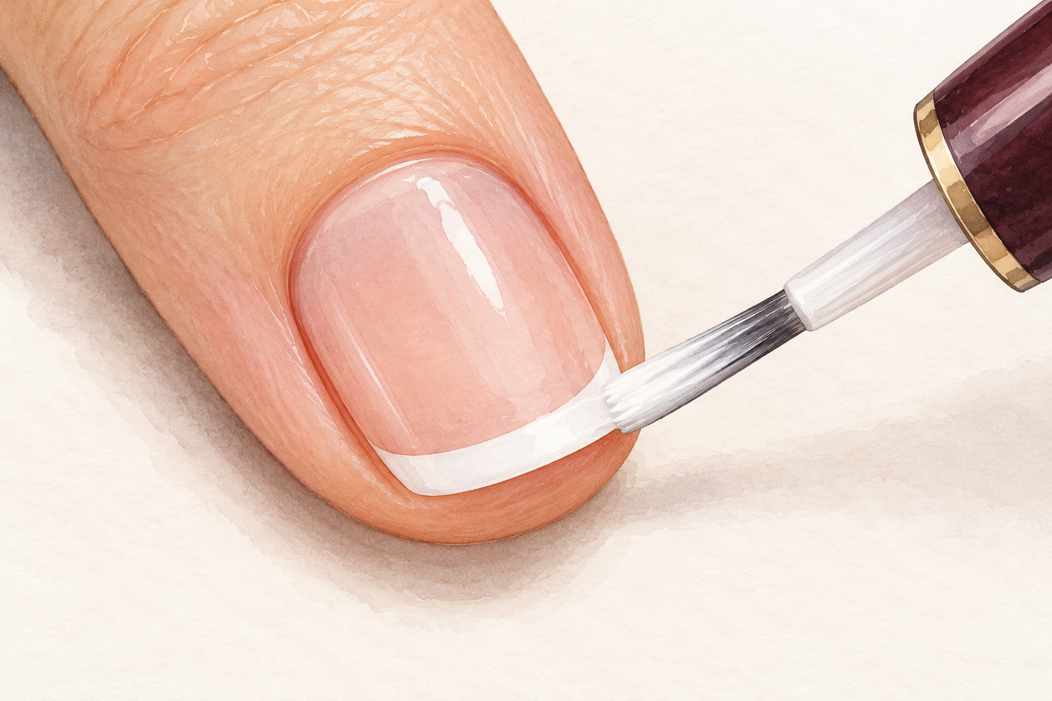 A fine brush adds a second thin white coat over a narrow French tip.