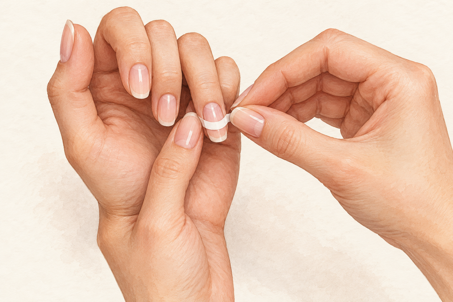 A curved tip guide is pressed across a pink nail at the planned smile line.