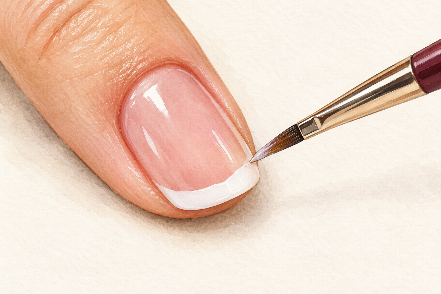 A small angled brush corrects one tiny wobble at the white-to-pink boundary of a French tip.