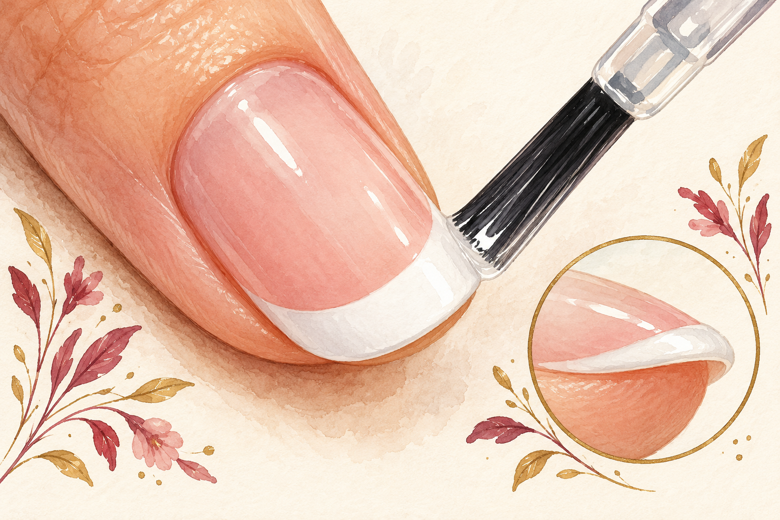 A clear top coat brush passes over a finished white French tip, with a small inset showing the free edge capped.
