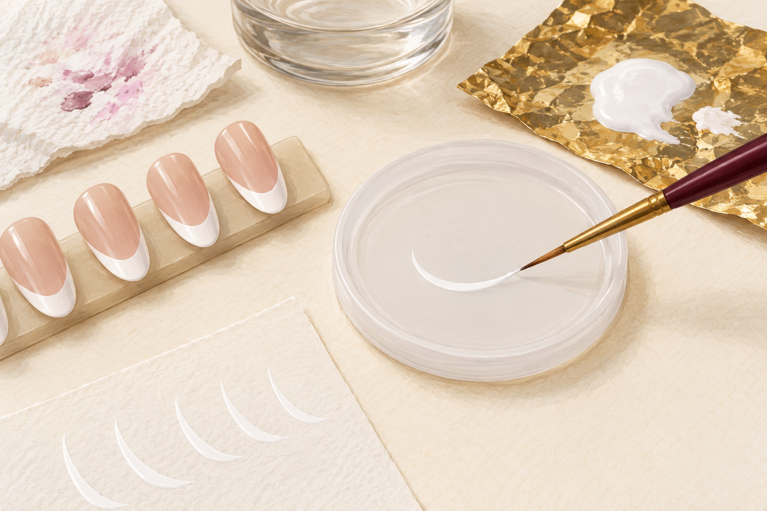A fine liner brush draws a white curve on a plain round practice dish, with practice tips and foil nearby.