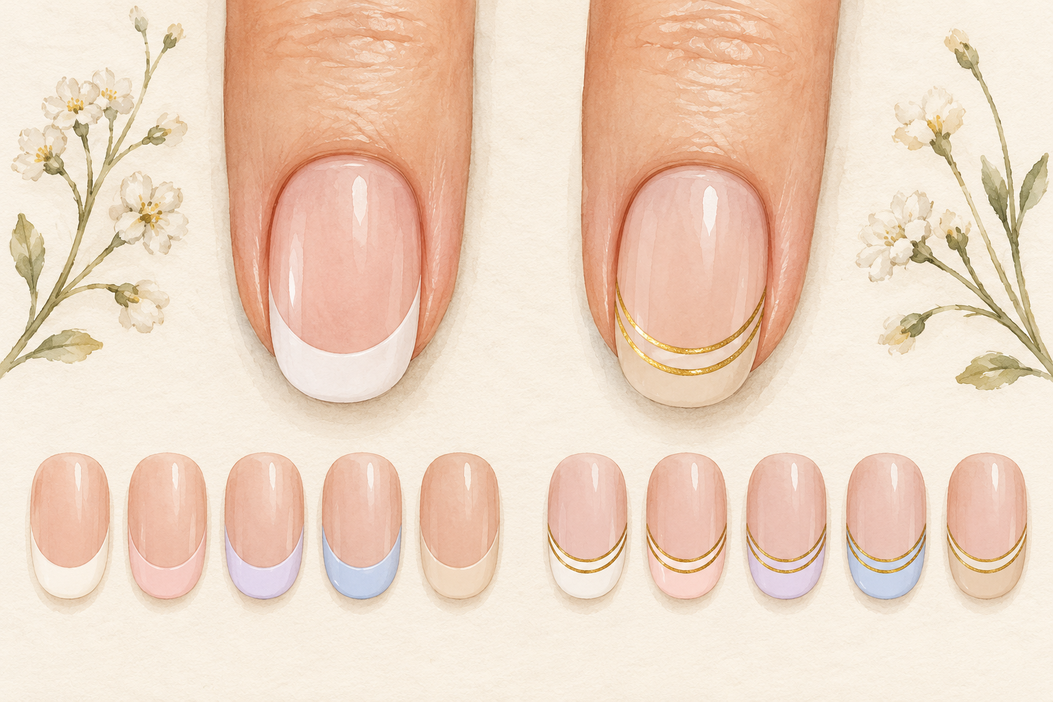 French tips and fine gold double curves are shown with pastel variations below.