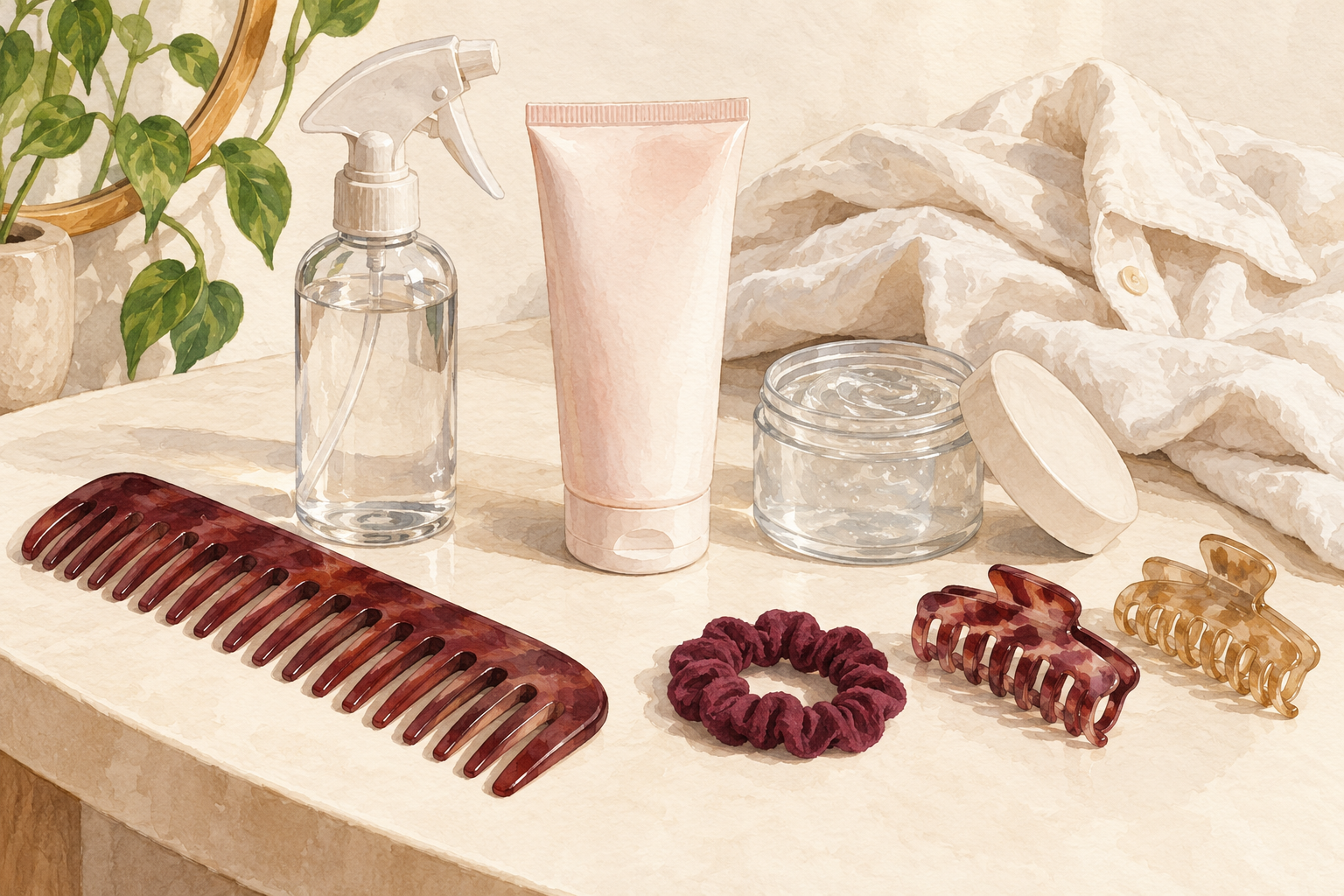 A comb, spray bottle, plain curl products, soft shirt, clips and hair tie form a small kit.