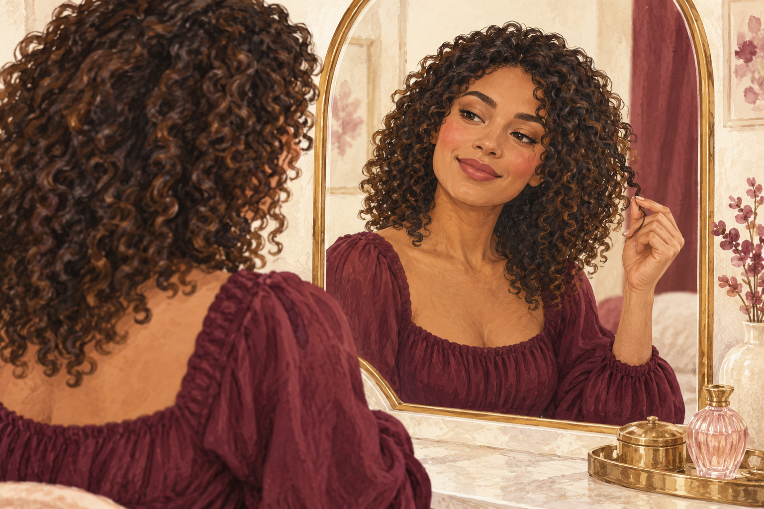 A woman checks one attached curl in a mirror while holding it near the end.