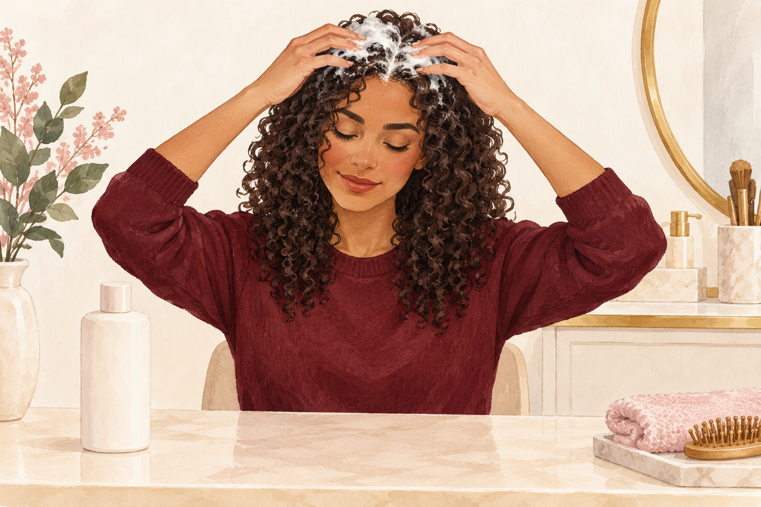 A woman gently massages shampoo foam at her scalp while her attached curls hang down.