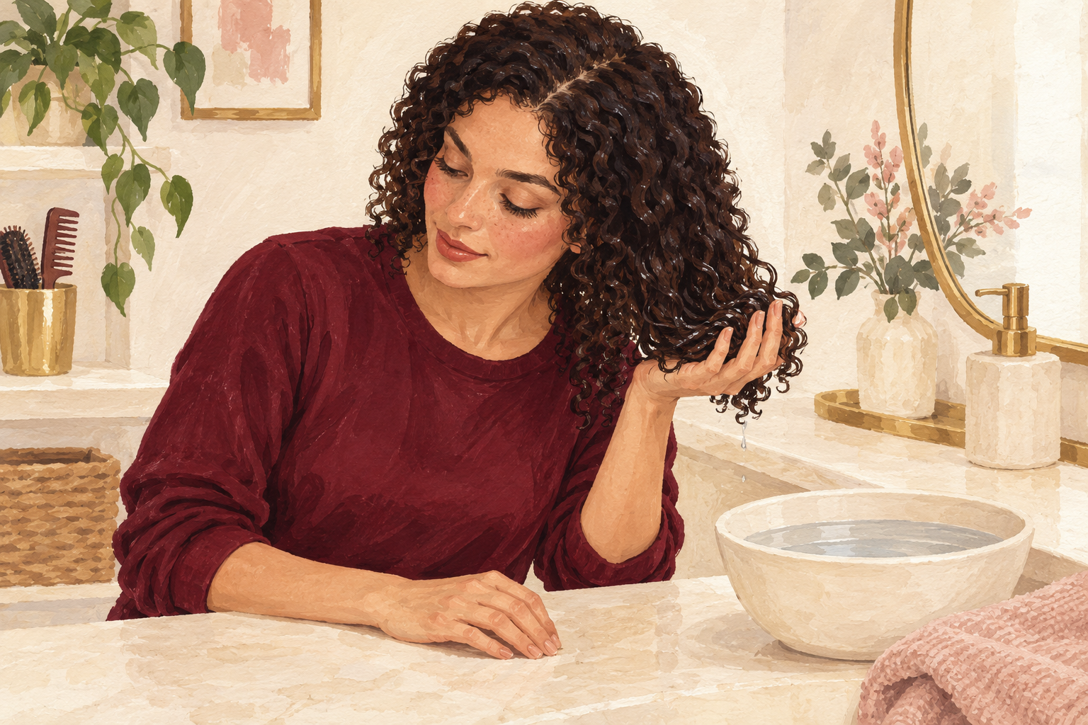 A woman cups wet curl ends upward with one hand while her other hand rests on the counter.
