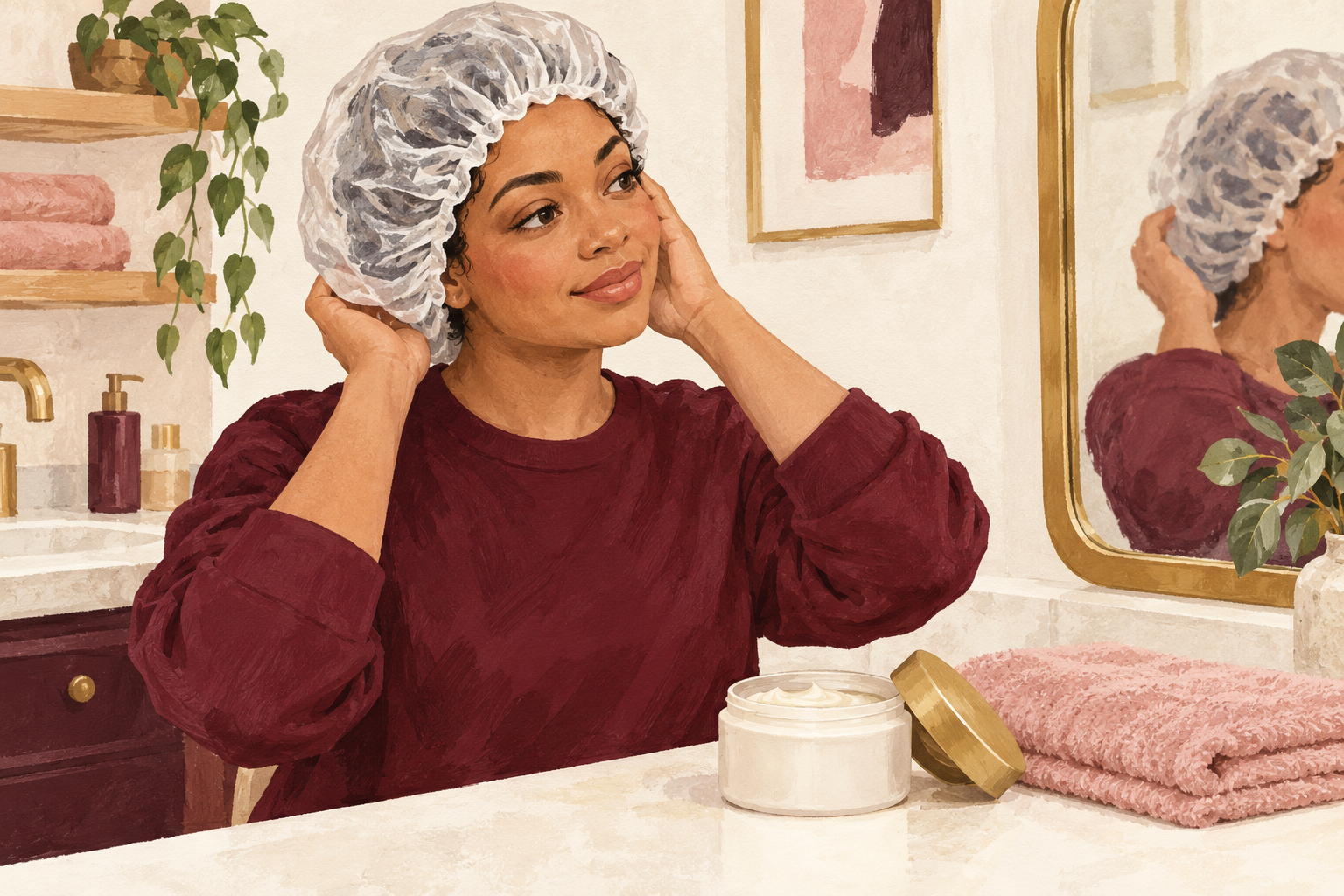 A woman wears a shower cap beside a plain mask jar and folded towel.