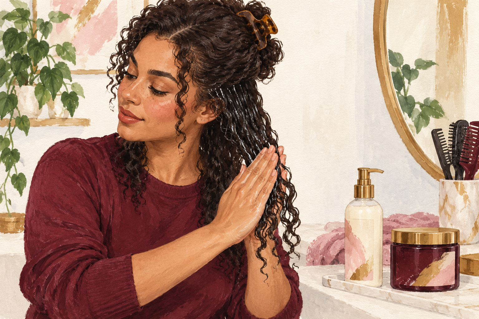 A woman smooths her palms around one wet curl section beside two plain curl-product containers.