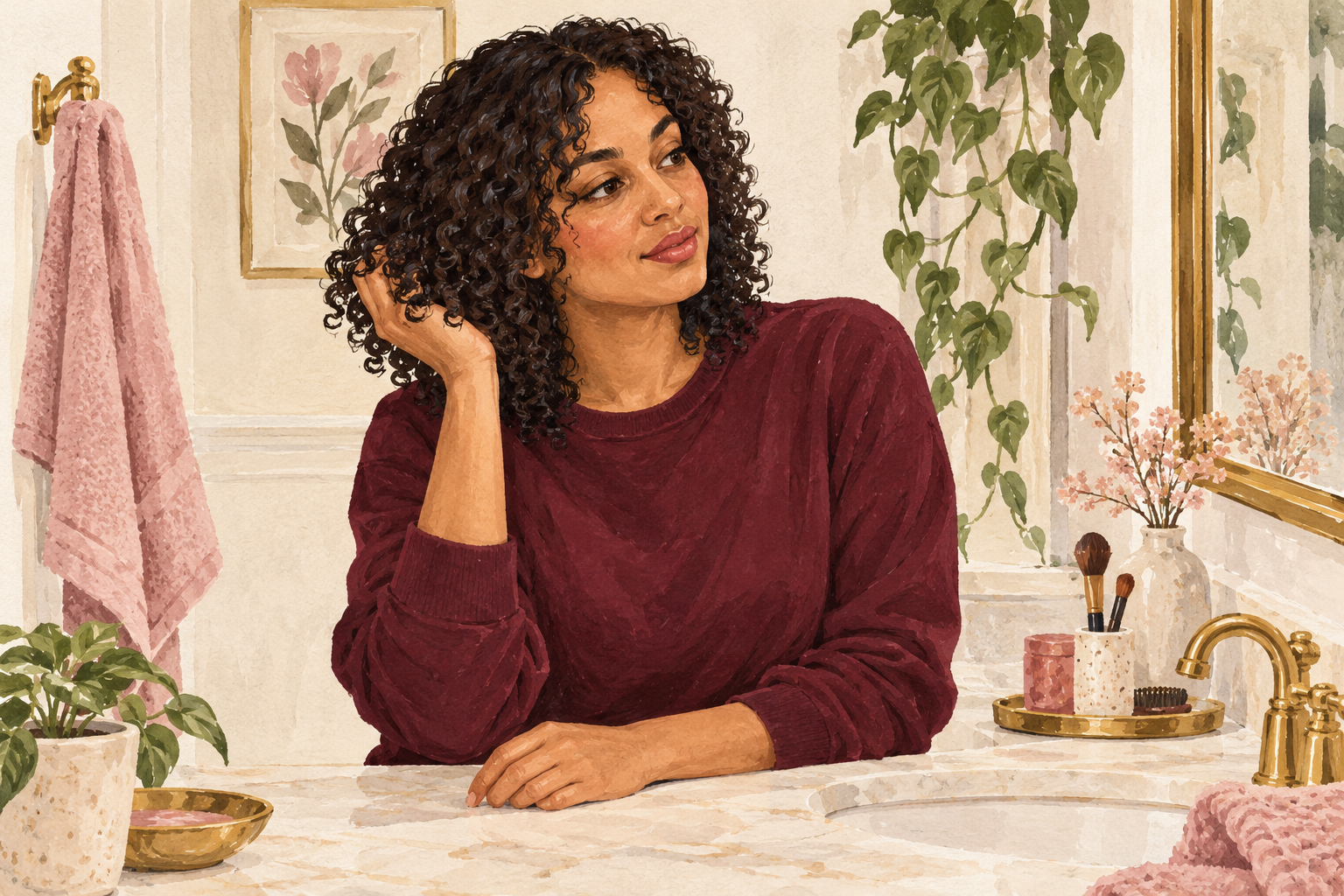 A woman cups a small curl section with one hand while her other hand rests on the counter.