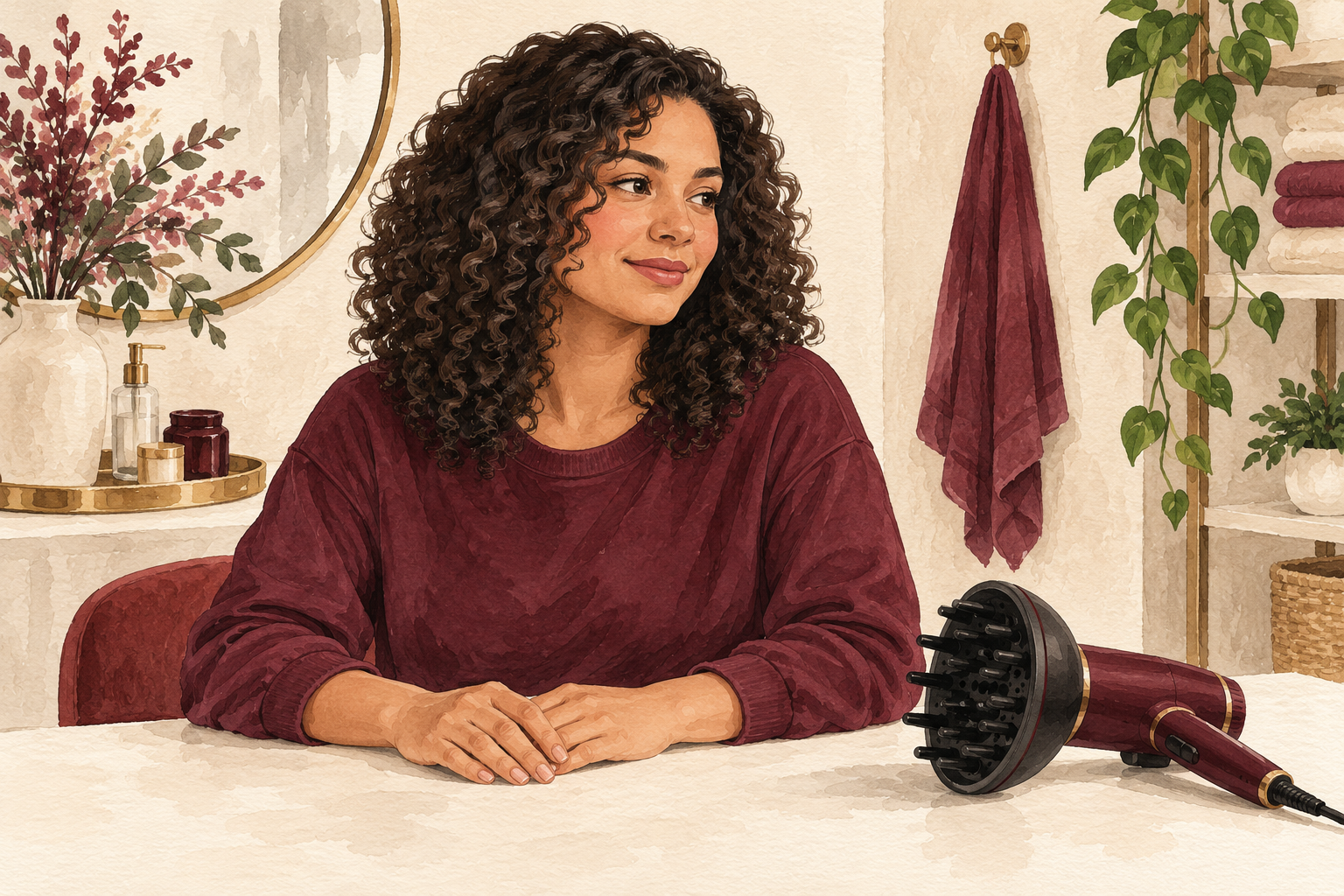 A woman lets her curls air-dry while a diffuser rests idle nearby and both hands stay on the table.
