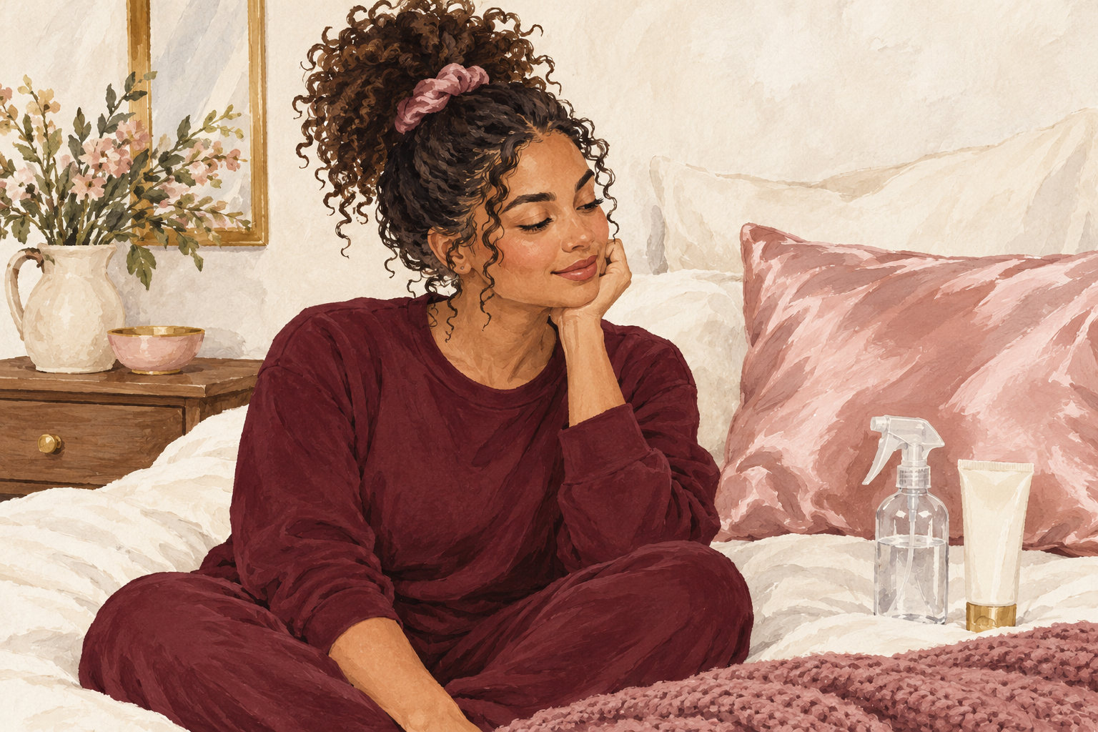 A woman wears a loose top-of-head curl bundle beside satin, a spray bottle and leave-in tube.