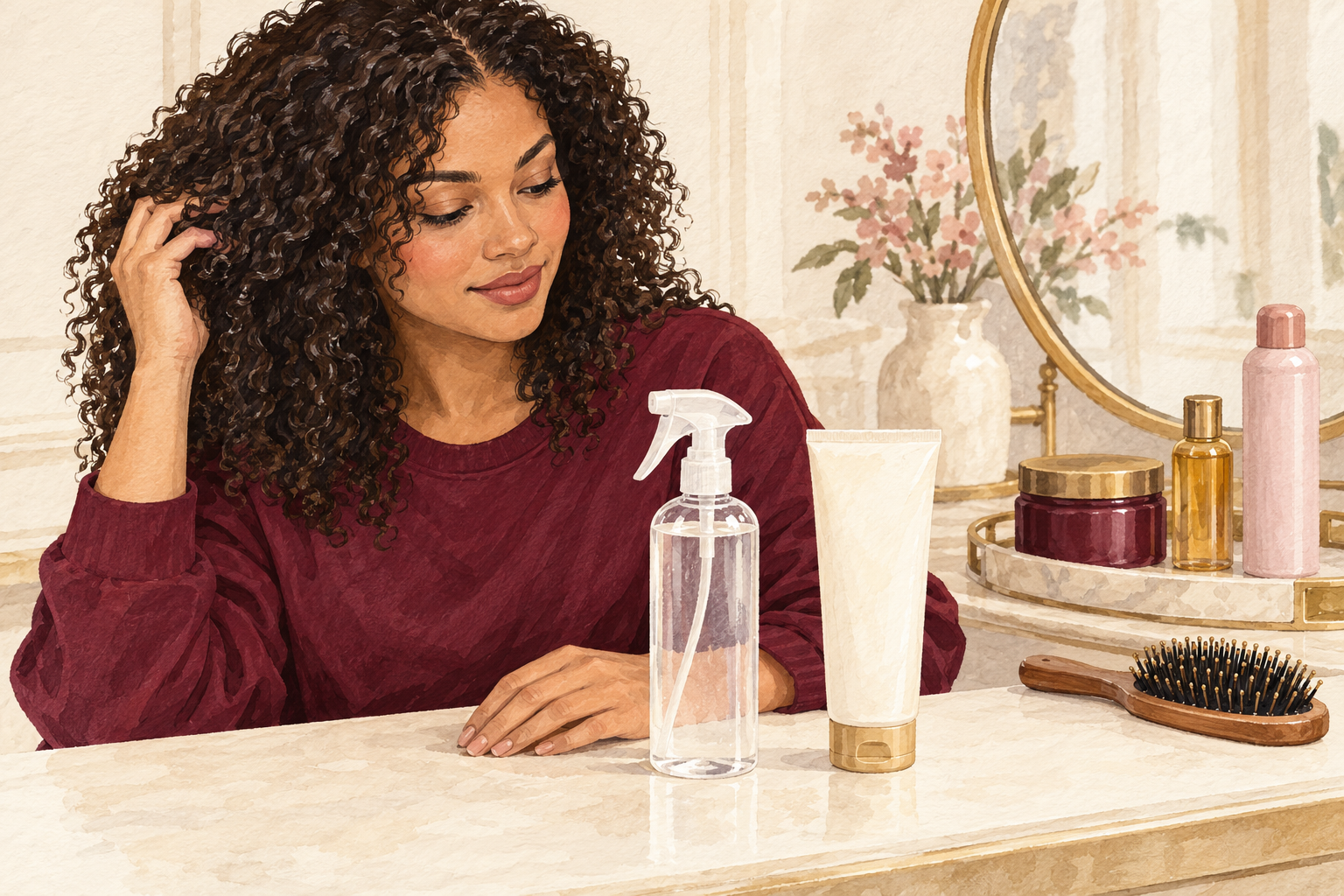 A woman checks her curls beside a water spray bottle, leave-in tube and several other hair products.