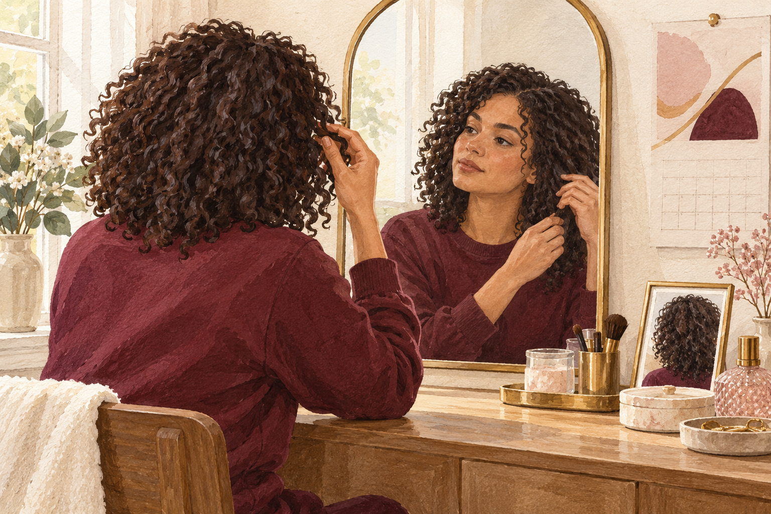 A woman checks her curls in a mirror beside a small reference photo and calendar.