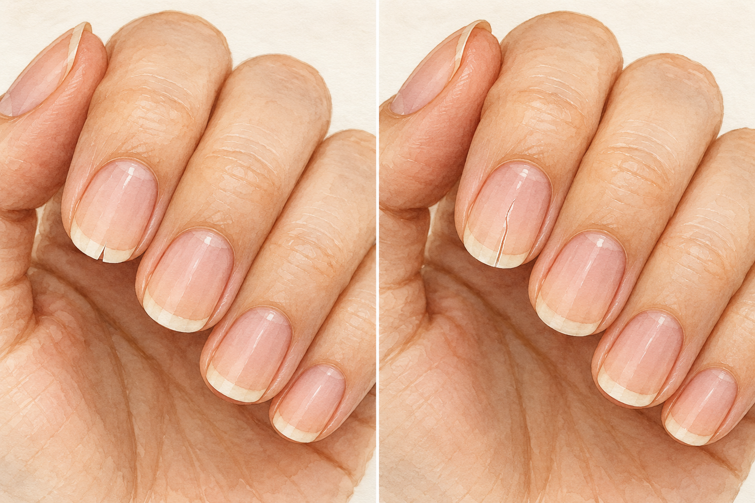Two close-up panels show a small split at the white tip and a separate fine crack extending into the nail plate.