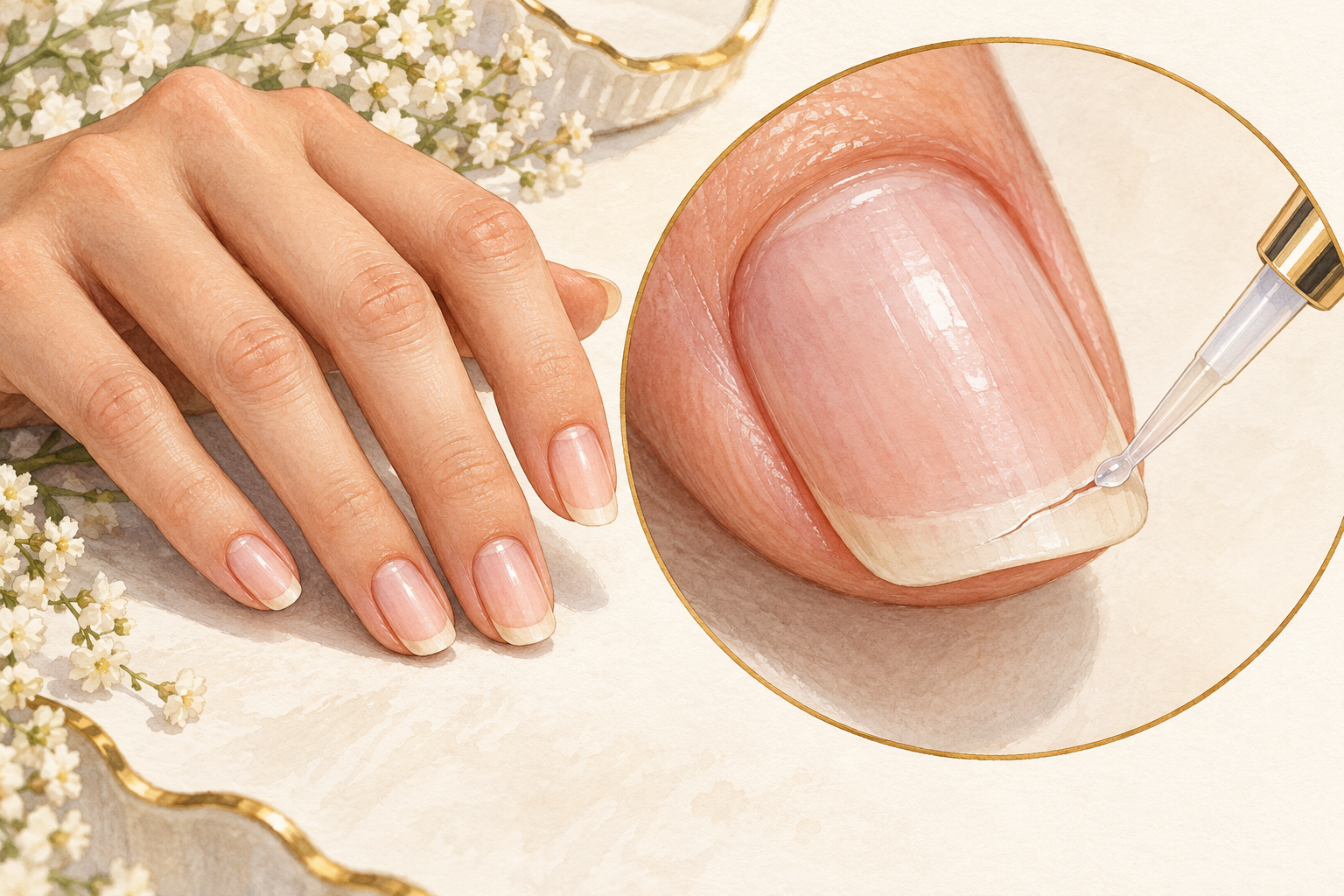 A fine applicator places one tiny drop along a hairline split at the white free edge of an attached nail.