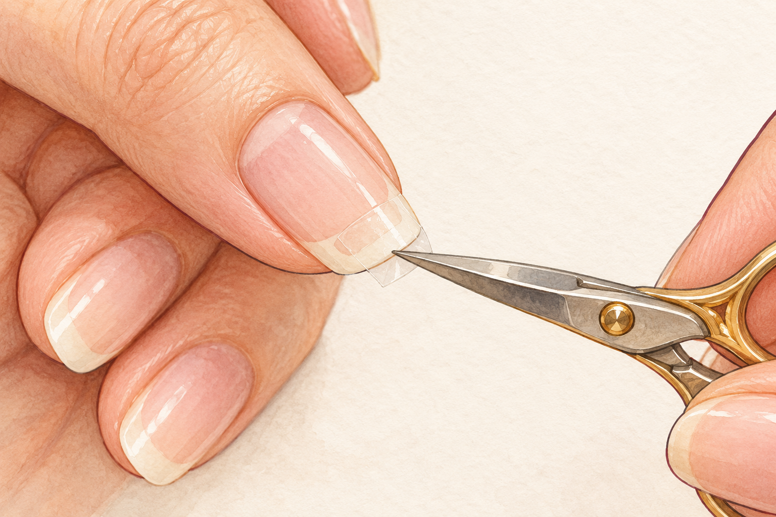 Small scissors trim a clear tape patch at the free edge of a natural nail.