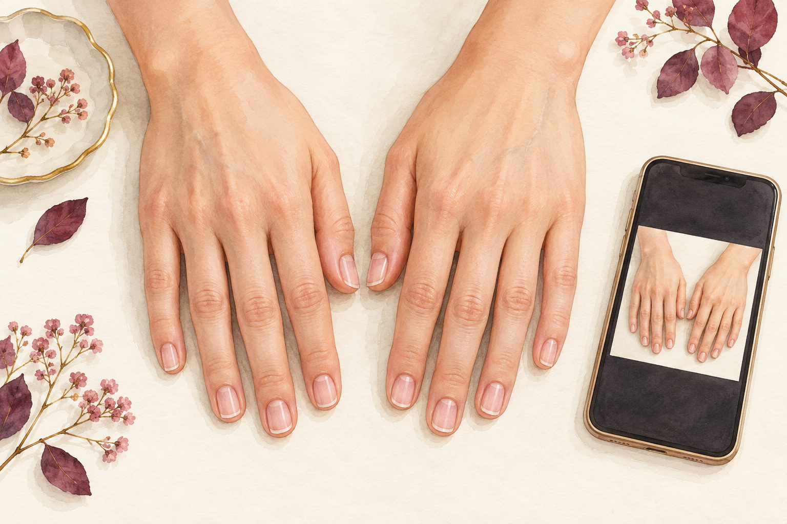 A phone rests beside two relaxed hands with short bare nails, and its screen shows a small reference photo of the same hands.