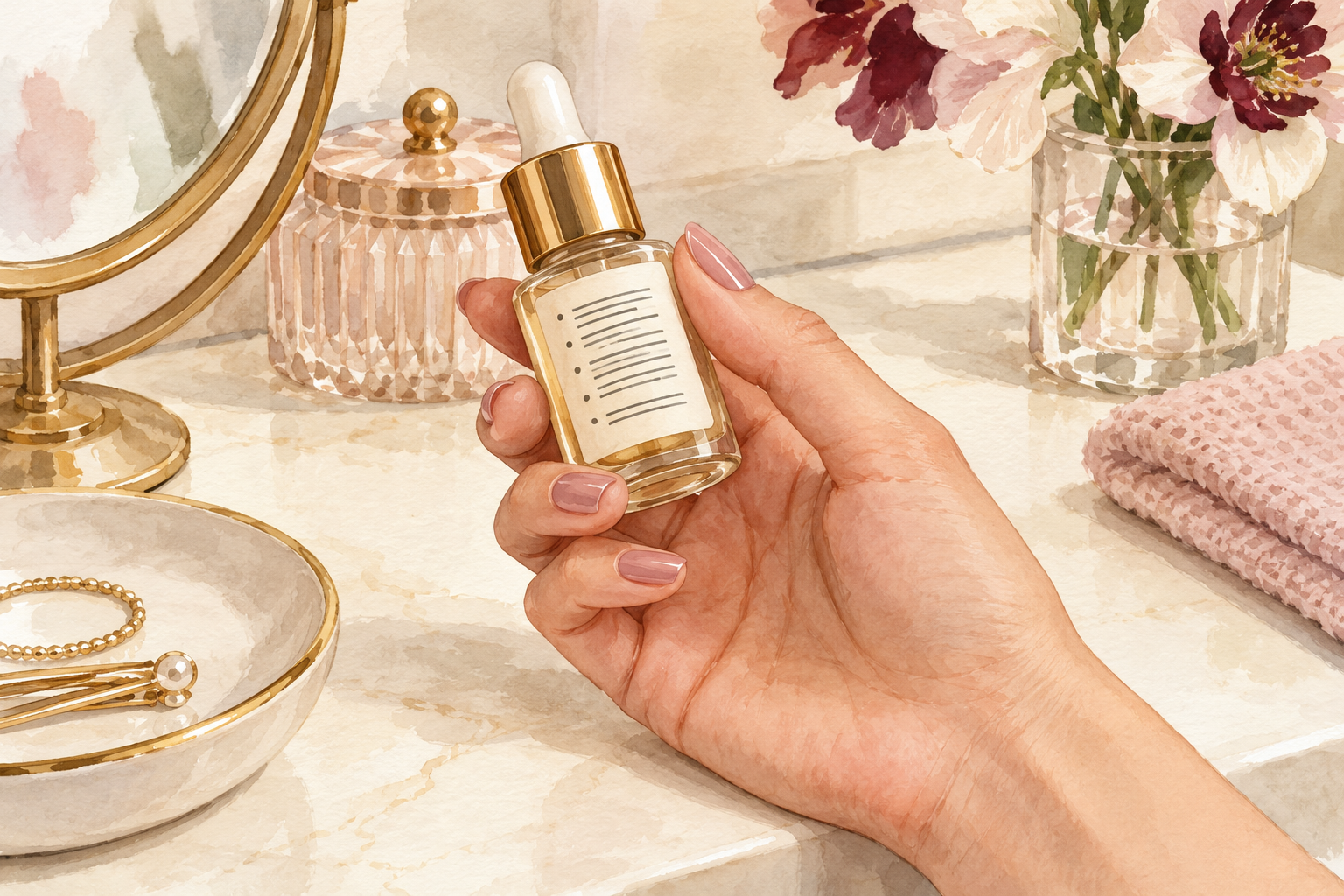 A hand turns an unbranded nail serum bottle to inspect its back label.
