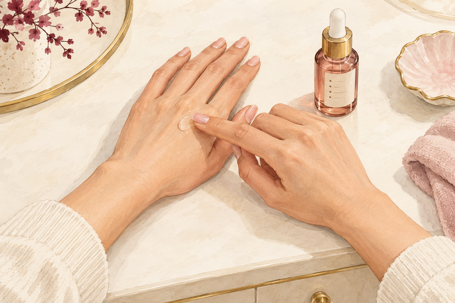 A tester drop is rubbed into the back of one hand while an unlabelled serum bottle stands nearby.