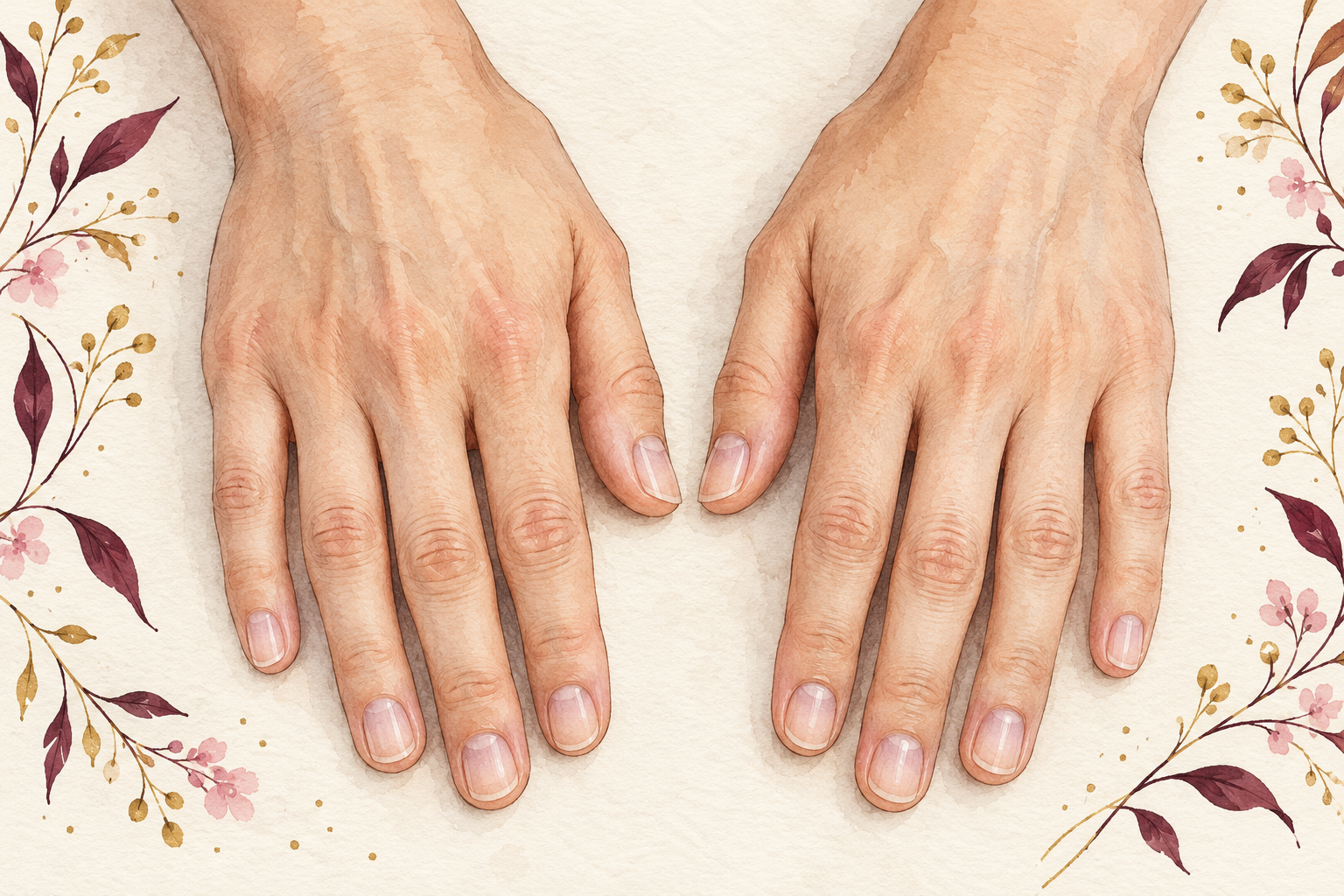 Two hands with bare natural nails rest side by side under soft daylight.