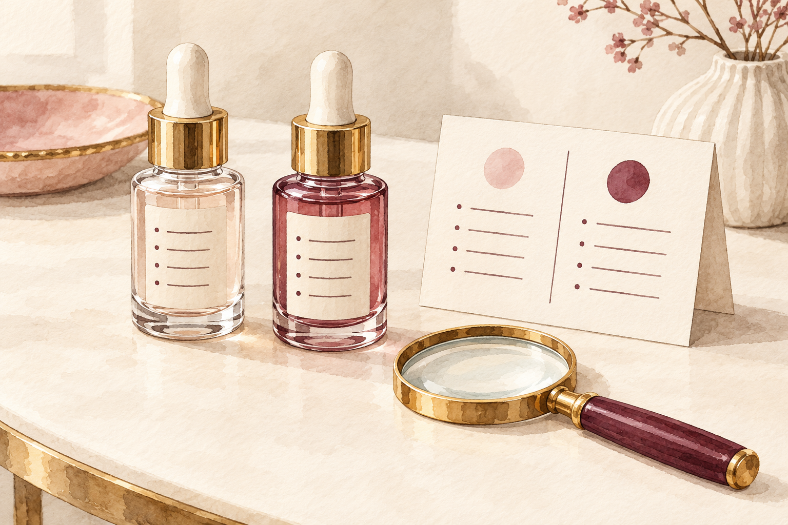 Two unlabelled serum bottles, a magnifying glass and a blank comparison card sit together.