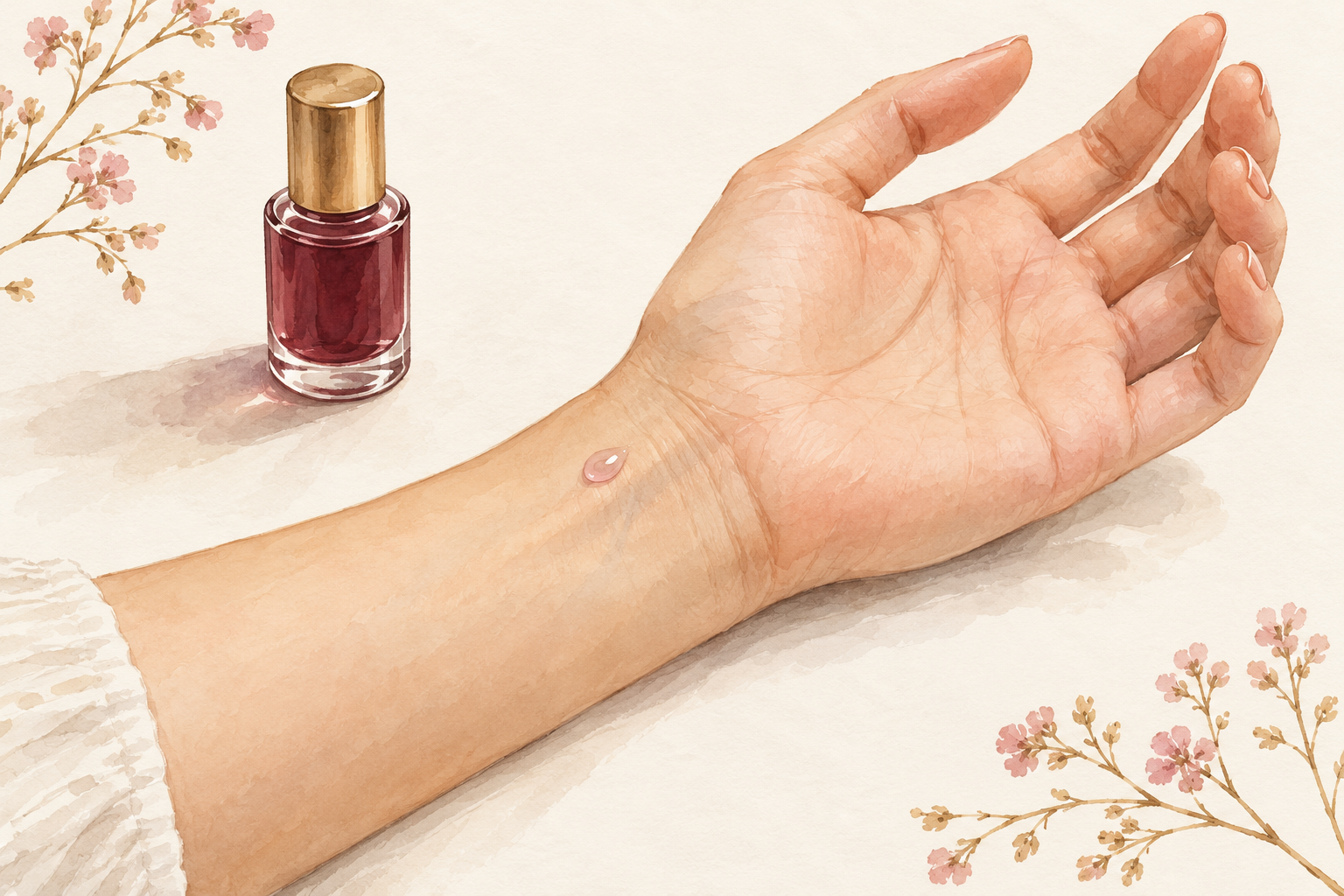A tiny drop sits on the palm-side inner wrist beside an unlabelled bottle.