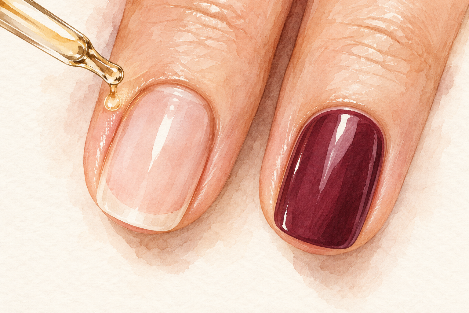A small drop is dispensed beside a bare nail while a neighboring nail with wine polish remains untouched.