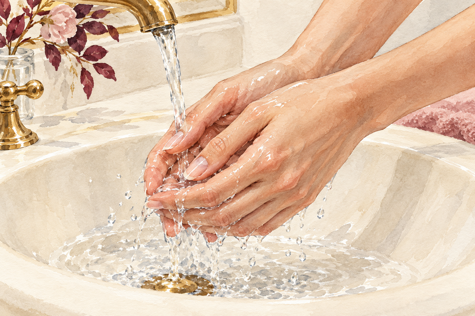 Two hands rinse under running water in a basin.