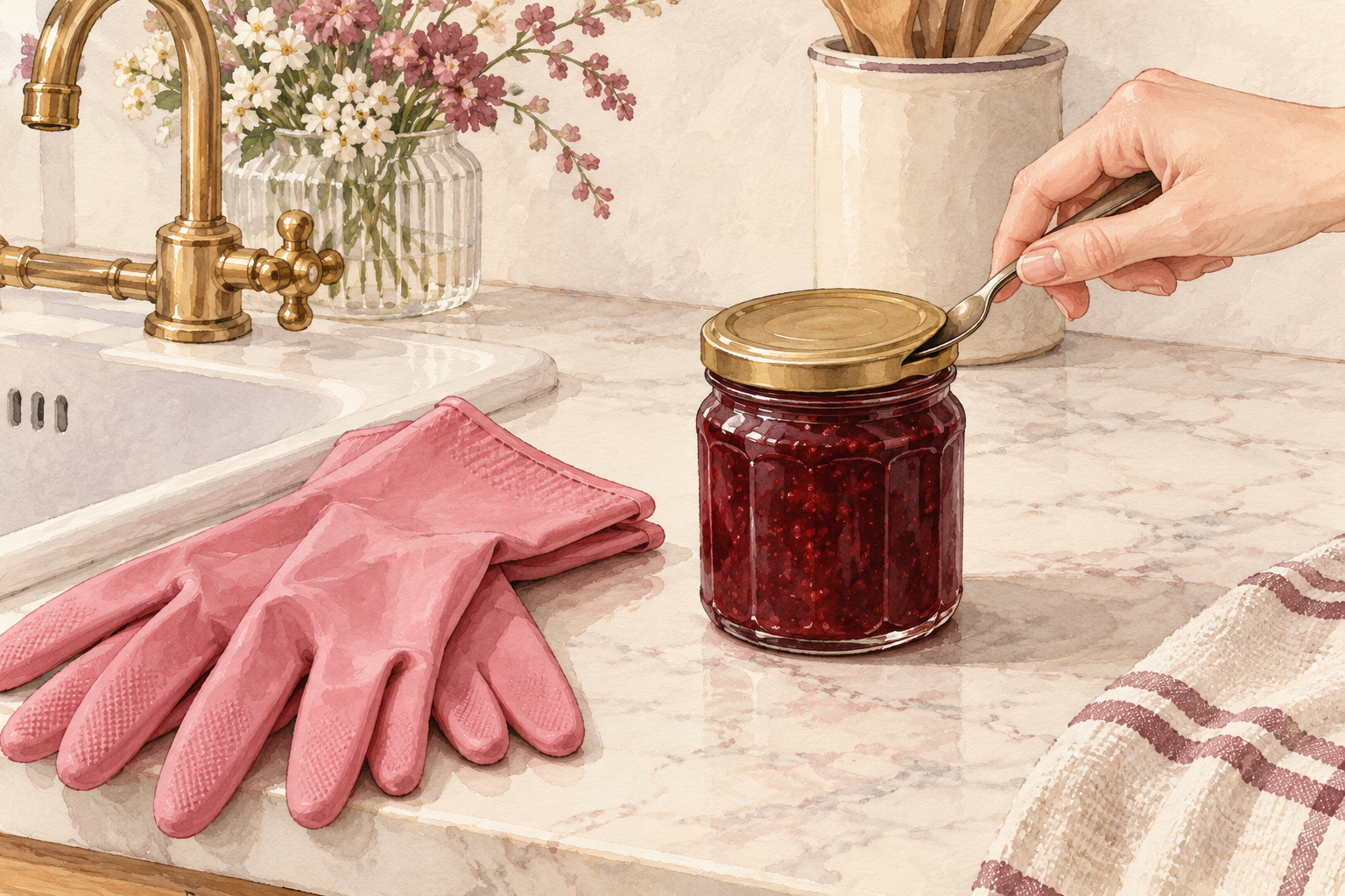 A hand uses a spoon to lift a jar lid beside household gloves and a sink.