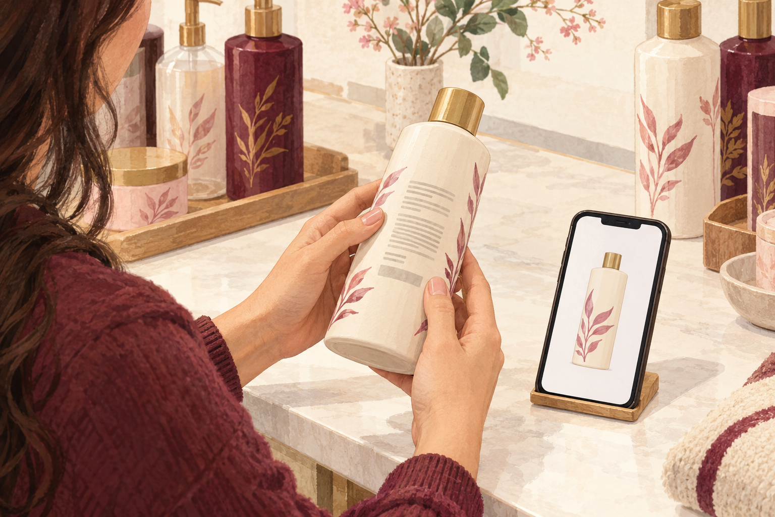 Two hands turn a shampoo bottle to its abstract back label beside a phone showing a simple reference image.