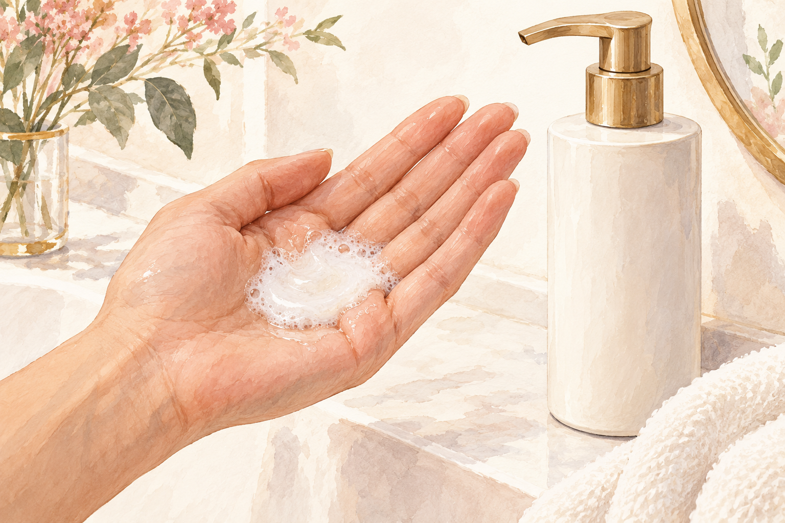 A small portion of shampoo rests in an open palm beside a plain cleanser bottle.