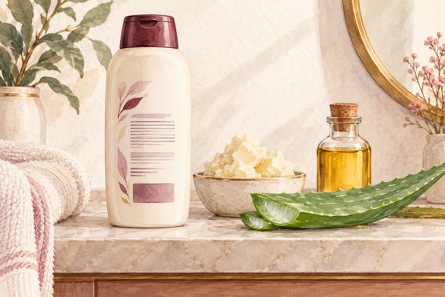 A plain shampoo back label with abstract lines sits beside an aloe leaf and a small cream dish.