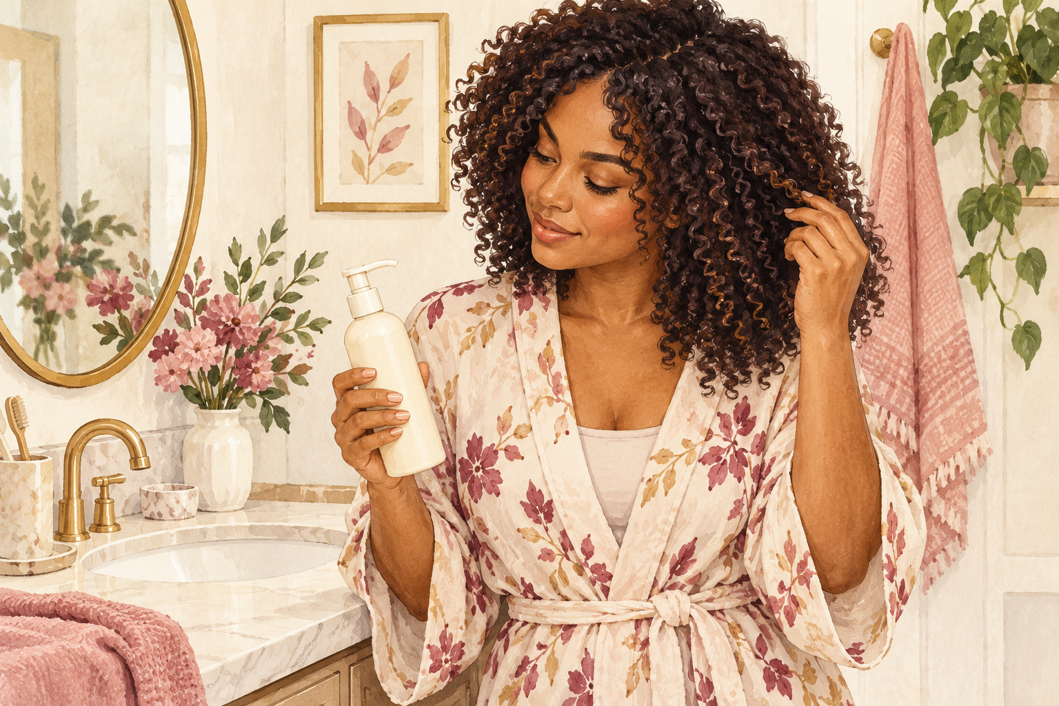 A clothed woman with dense attached curls holds a plain creamy cleanser at a counter.