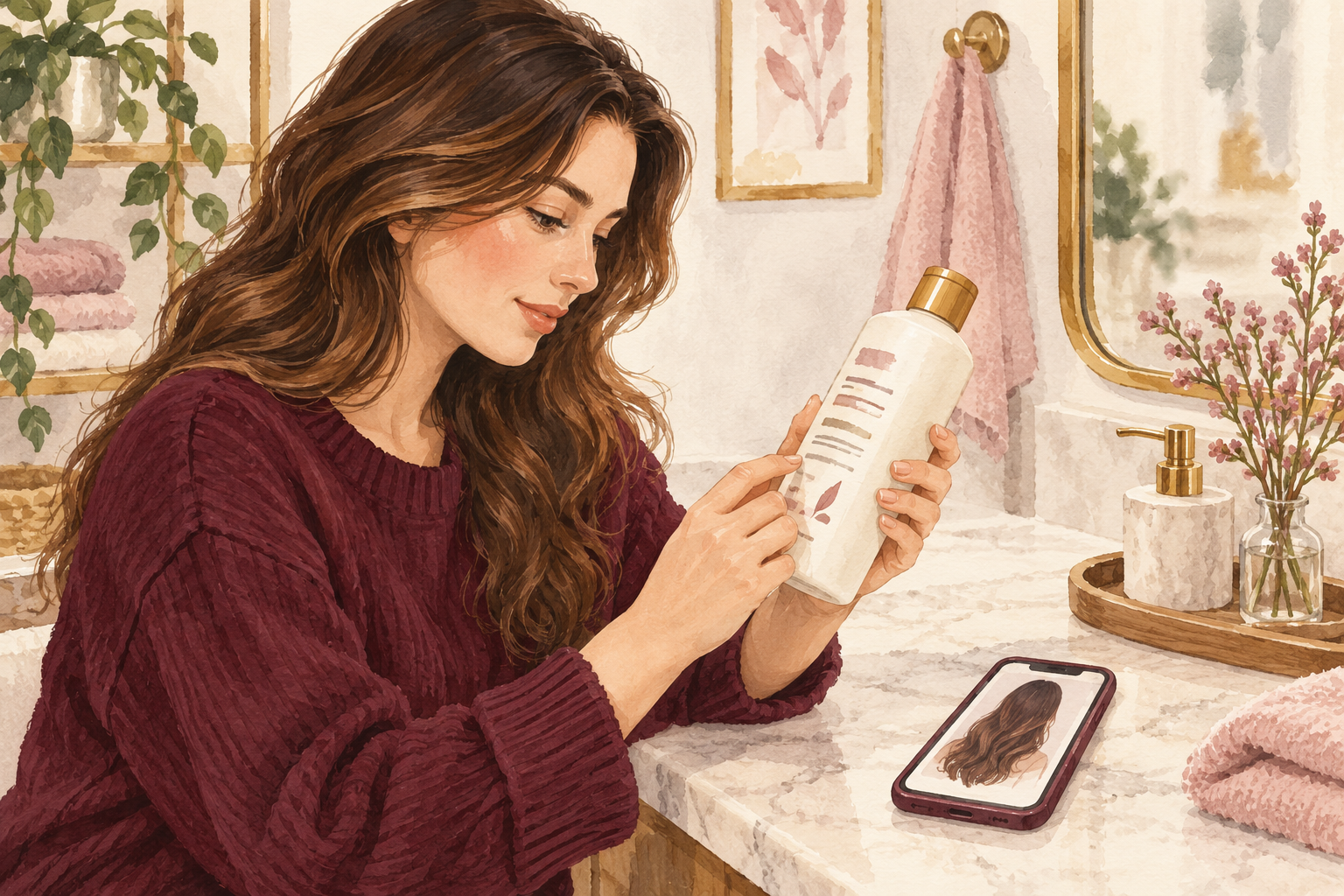 A woman with subtly colored hair checks an abstract shampoo back label beside her phone.