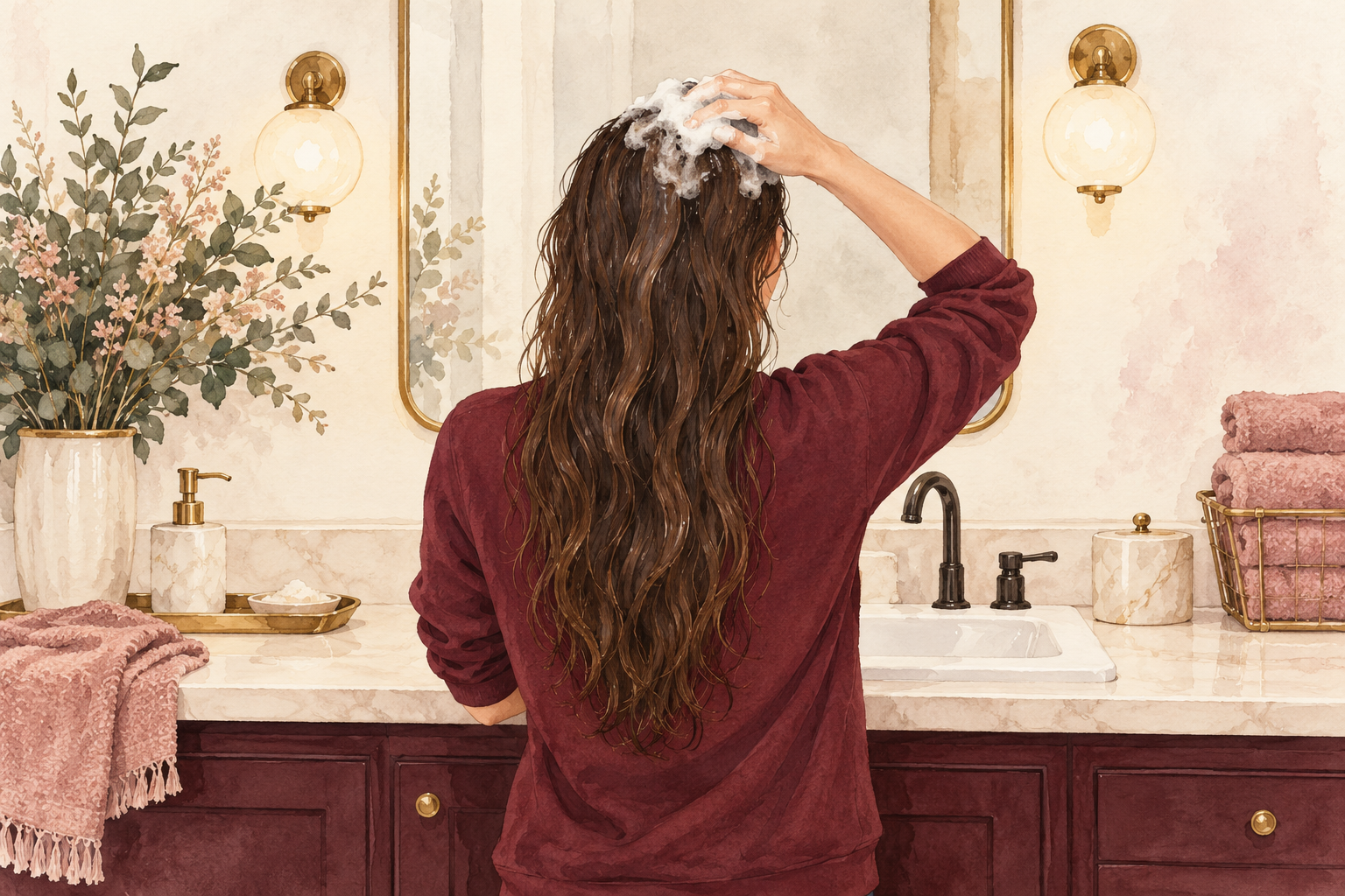 Fingertip pads apply a small amount of shampoo to the crown while the hair lengths hang down.