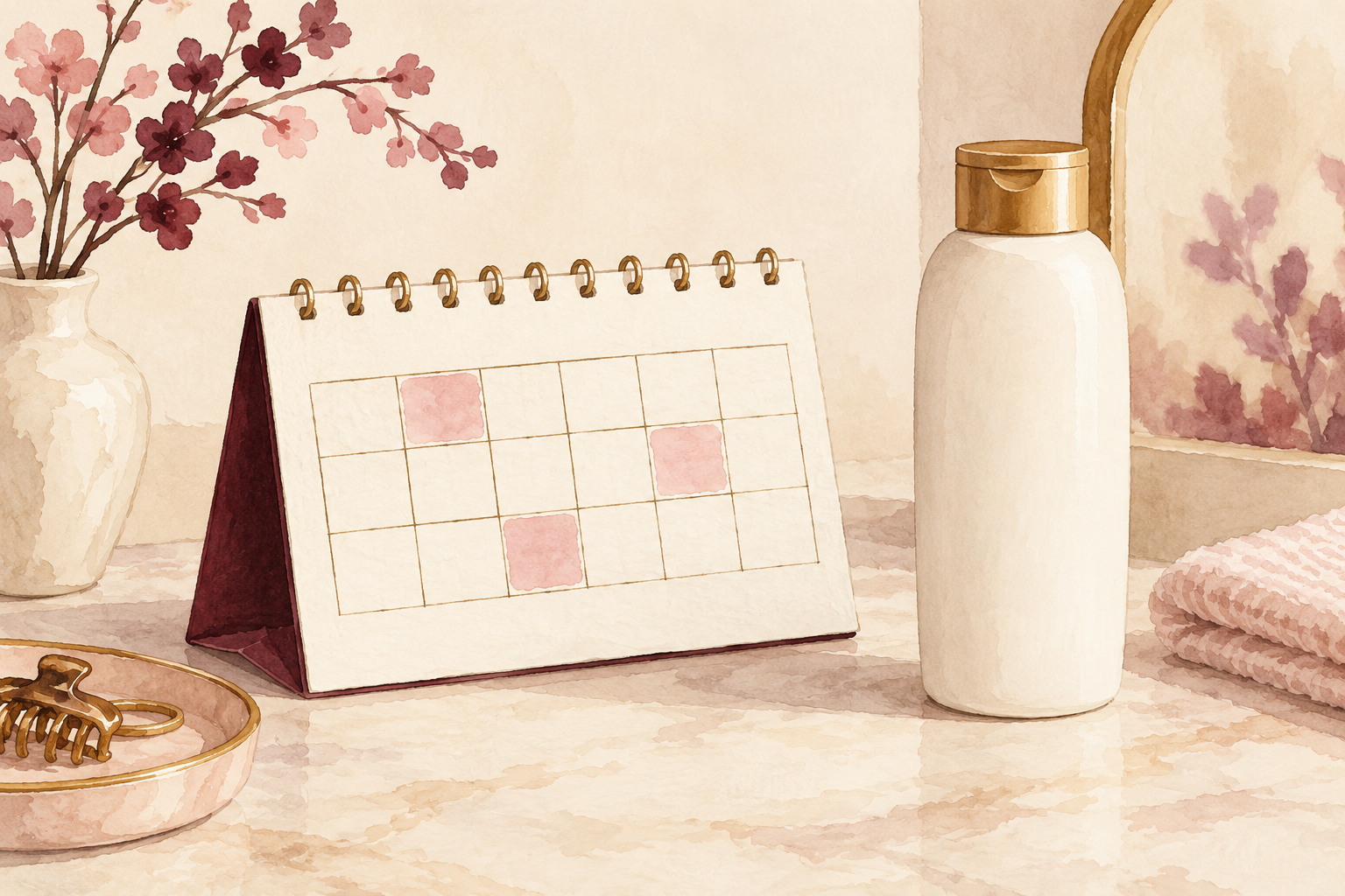 A tabletop calendar with a few abstract marked squares sits beside a closed shampoo bottle.
