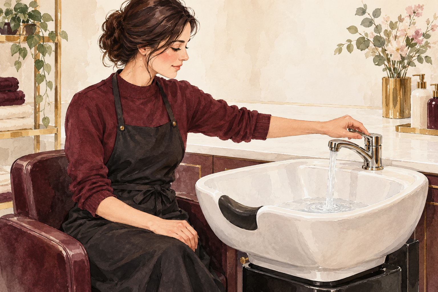 A clothed woman seated at a salon sink reaches to adjust the faucet control.