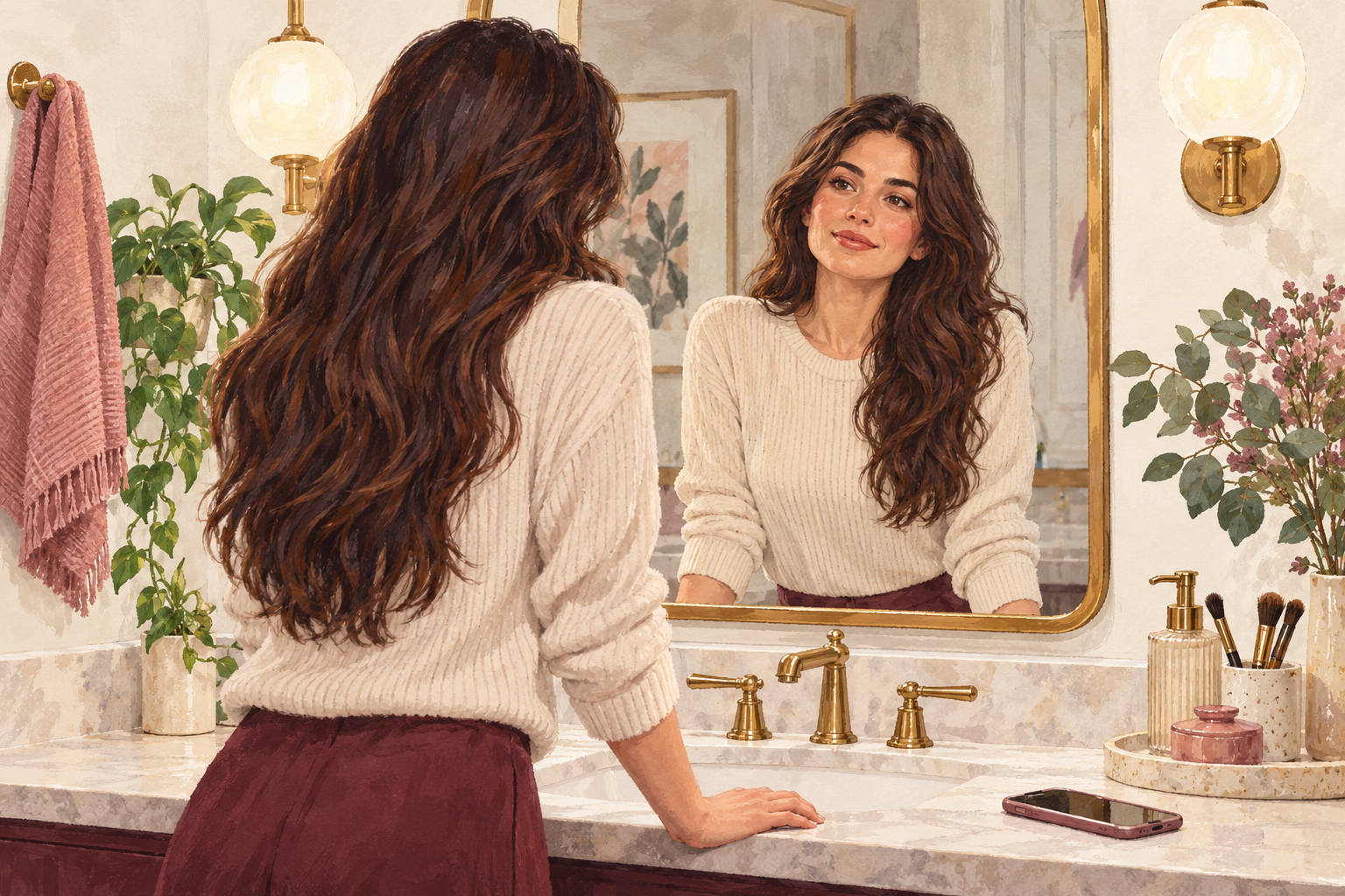 A woman observes her ordinary hair in a mirror with a phone resting nearby for notes.