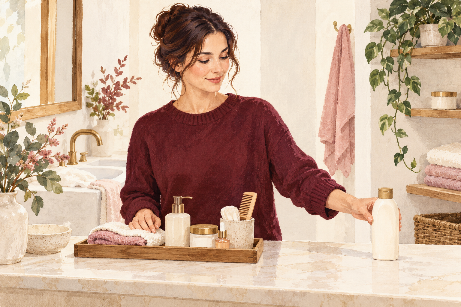 A woman sets a closed shampoo bottle apart from the products she keeps in her routine.