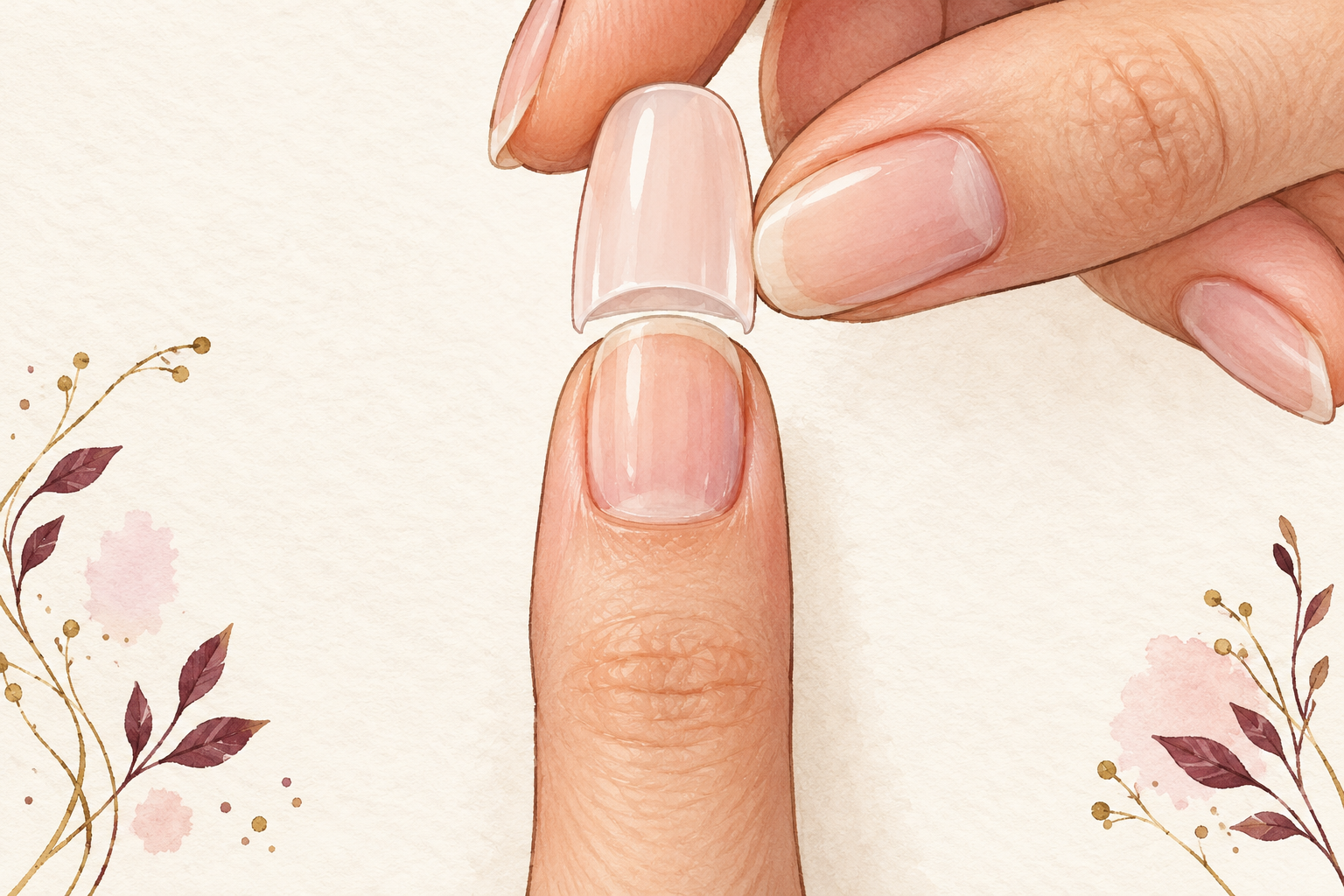 A blank artificial tip is held above a bare natural nail to check sidewall fit.