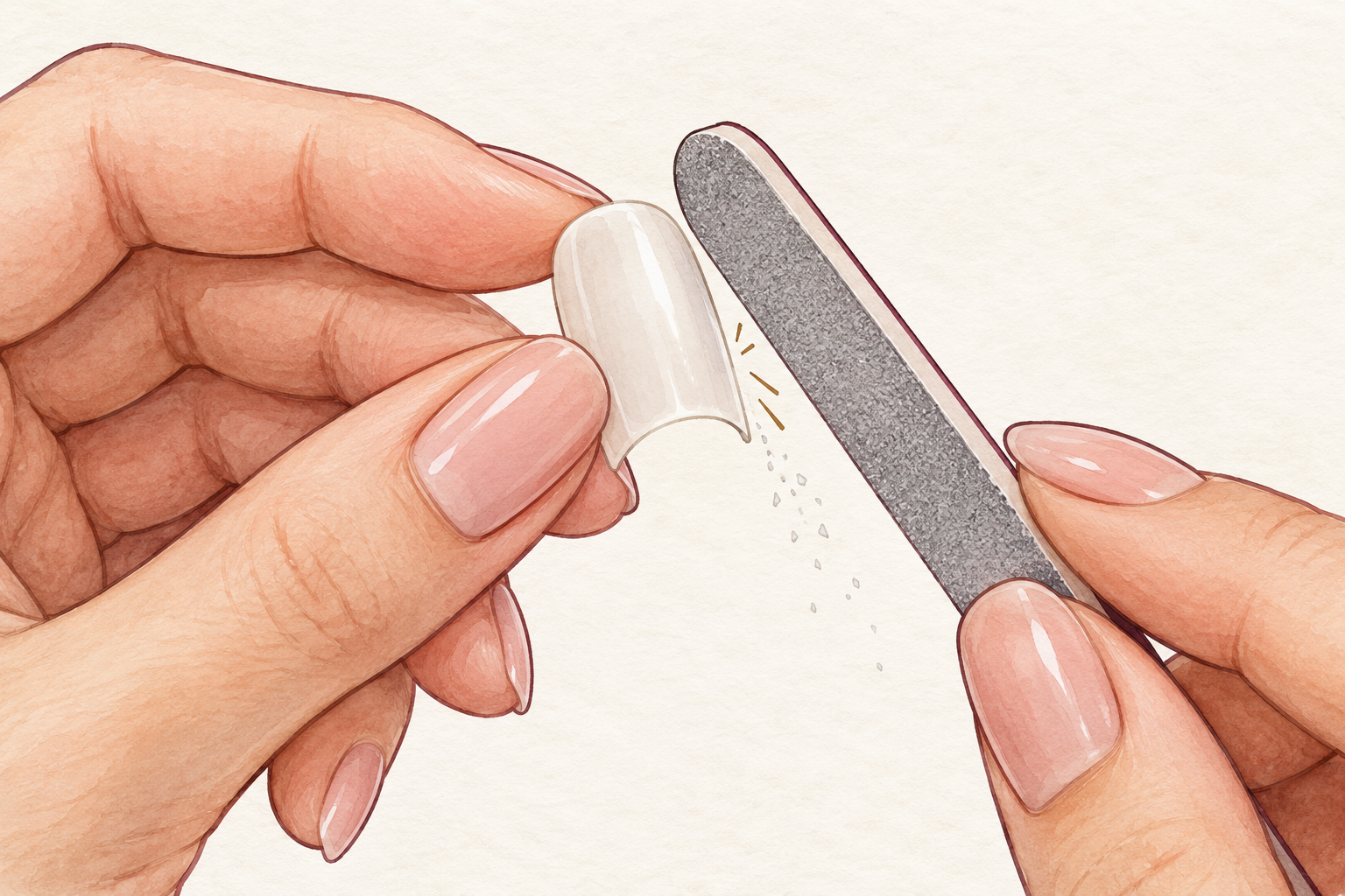 A fine file smooths the side edge of a detached blank press-on tip.
