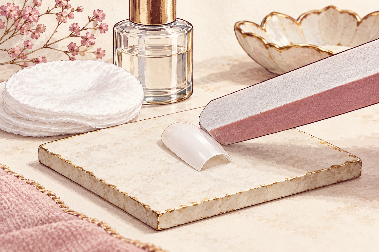A fine buffer touches a detached artificial tip beside a cotton pad and unlabelled bottle.