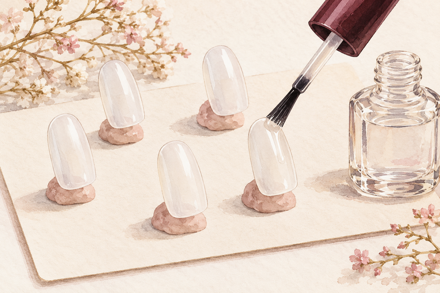 Artificial tips stand upright on separate putty mounds as a brush applies a thin clear base coat.