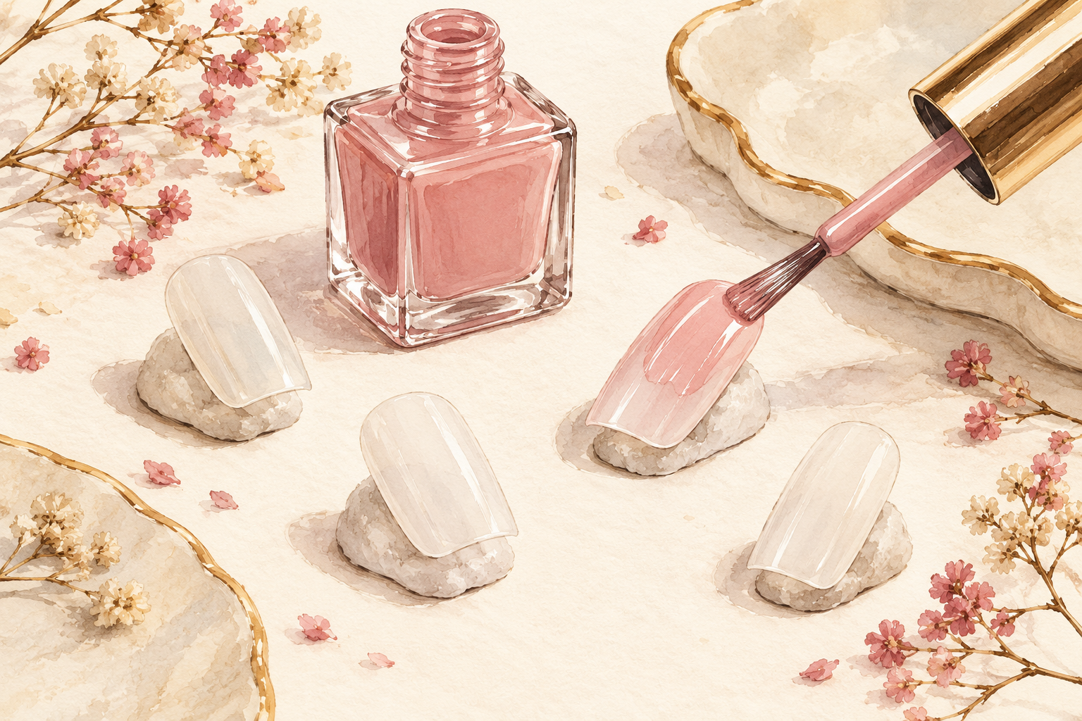 A brush applies a thin blush coat to an artificial tip standing on putty, with other mounted tips nearby.