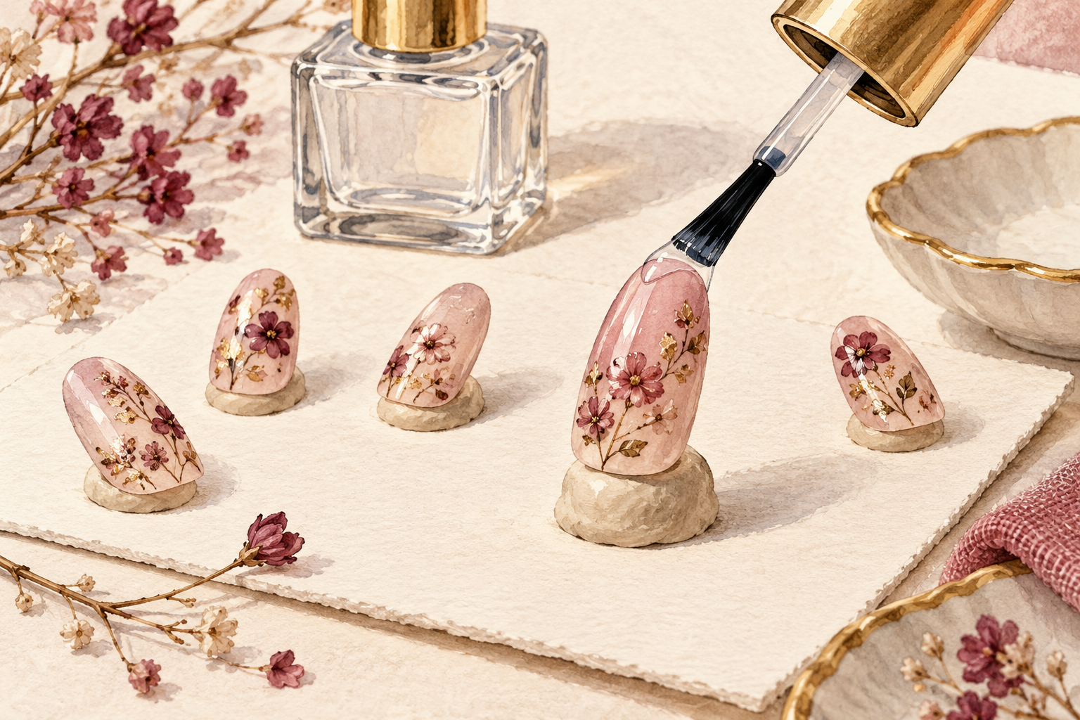 A clear brush touches a painted artificial tip standing on putty, with other decorated tips nearby.