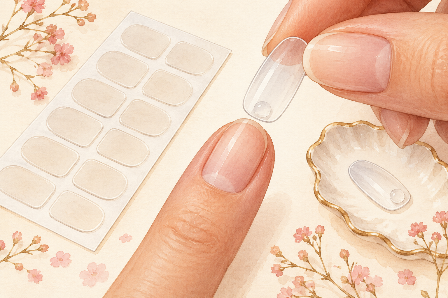 Adhesive tabs and a small glue dot sit beside a blank artificial tip and a natural nail.